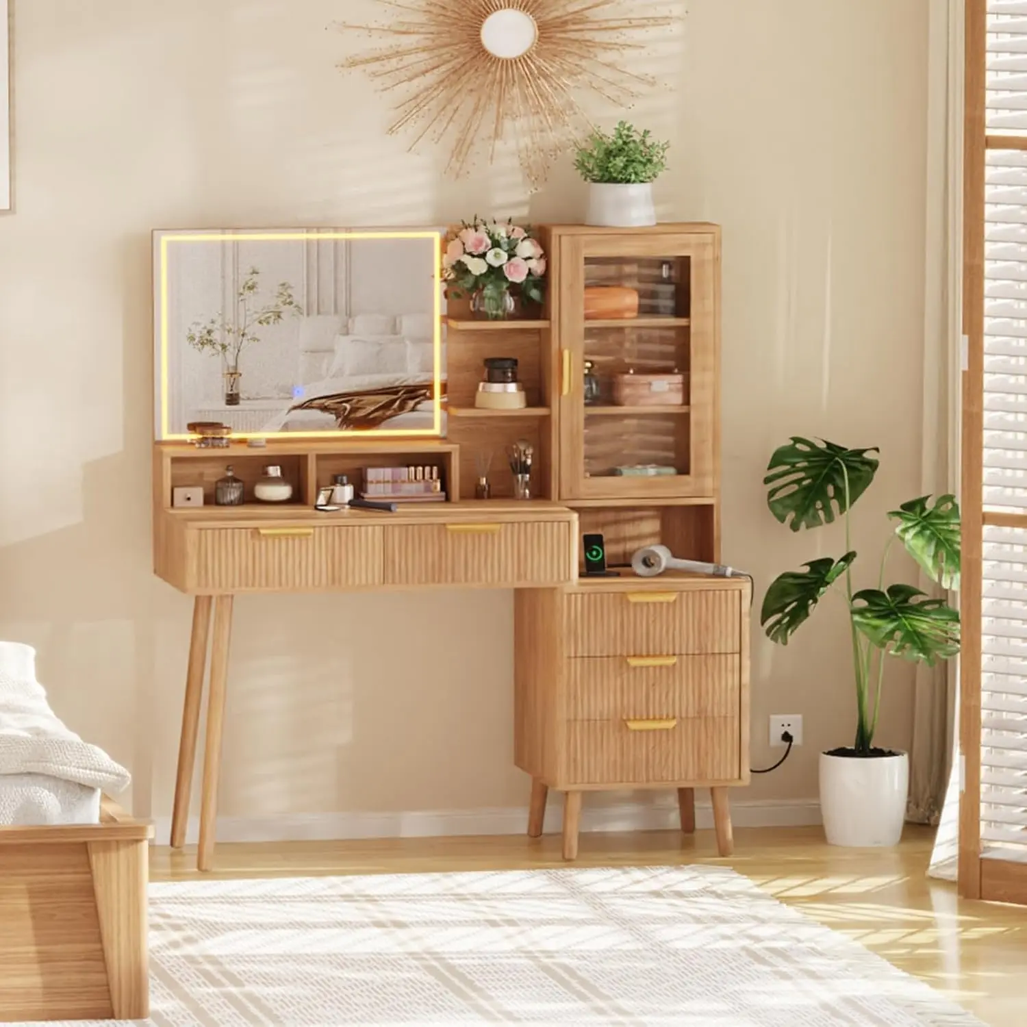 Gaomon 23-Inch Stylish Vanity with Lights - 5-Drawer Dresser, HD Mirror, Power Outlet, Glass Top, Elegant Fluted Finish, Acrylic Protective Door, Storage Shelf, Color-Adjustable Light Modes for Bedroom Makeup Organization