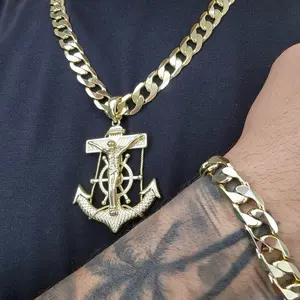 ViOrO 14K Gold Plated 10mm Cuban Link Chain with Bracelet and Jesus Christ Anchor Pendant for Dairy Use. Electro Laminated Premium Jewelry