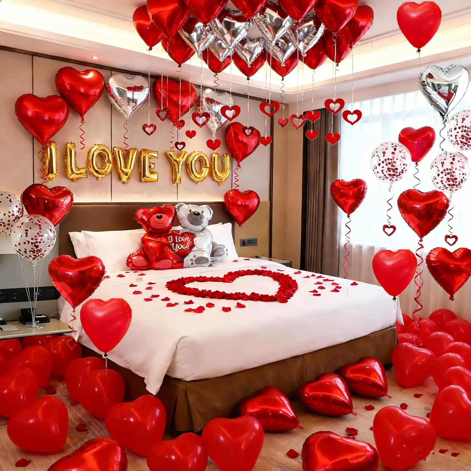 54pcs I Love You Heart Balloons Valentines Decoration with 50 Hanging 1000 Silk Rose Petal Bear Heart Shaped Silver Red Balloons for Romantic Night Wedding Anniversary Decor Valentines Party