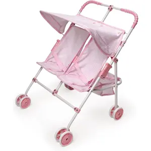 Double Foldable Tandem Doll Stroller with Canopy, Basket & Safety Belts, Lightweight Kids Toy Designed in Pink & White