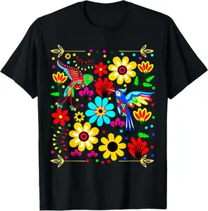 Women's 100% Cotton Short-Sleeve Distressed Graphic Round Neck Otomi Floral Bird Mexican Style Streetwear T-Shirt