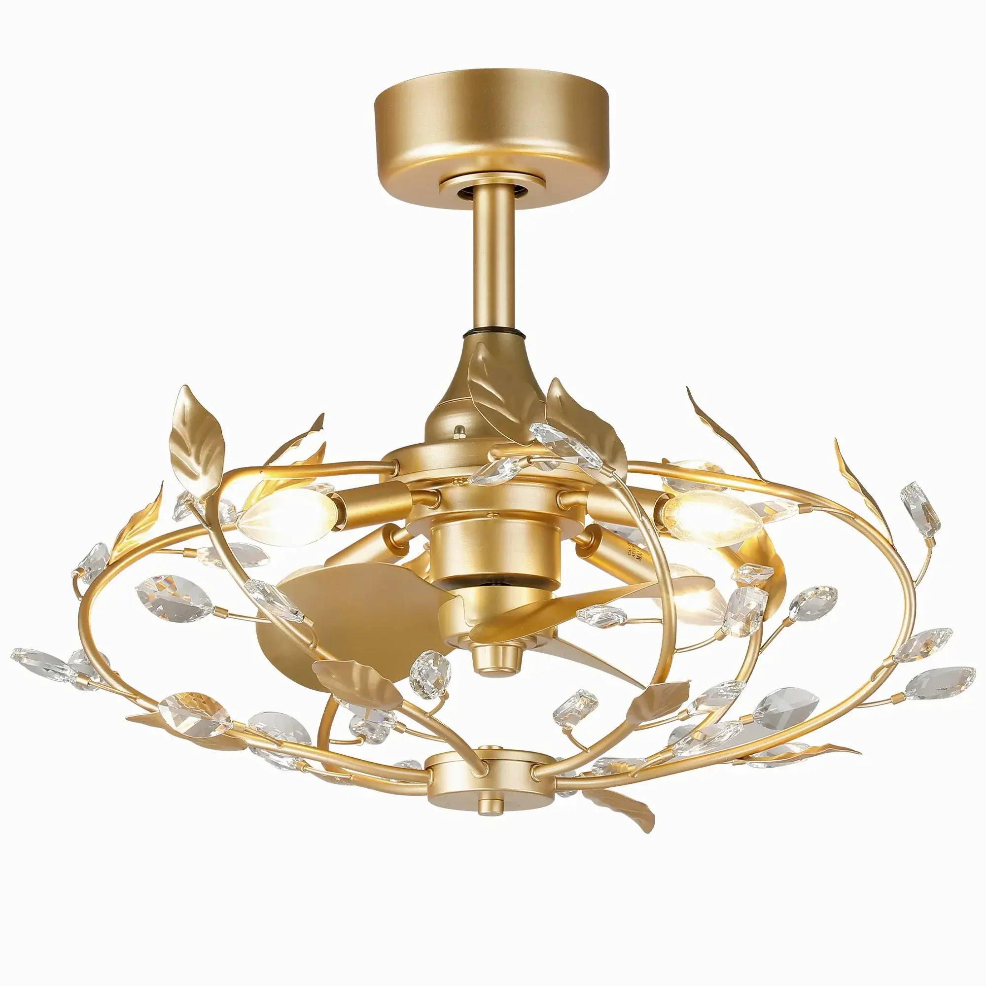 PARROT UNCLE 24" Gold Downrod Mount LED Fandelier Ceiling Fan with Elegant Leaf Design for Living Room and Bedroom