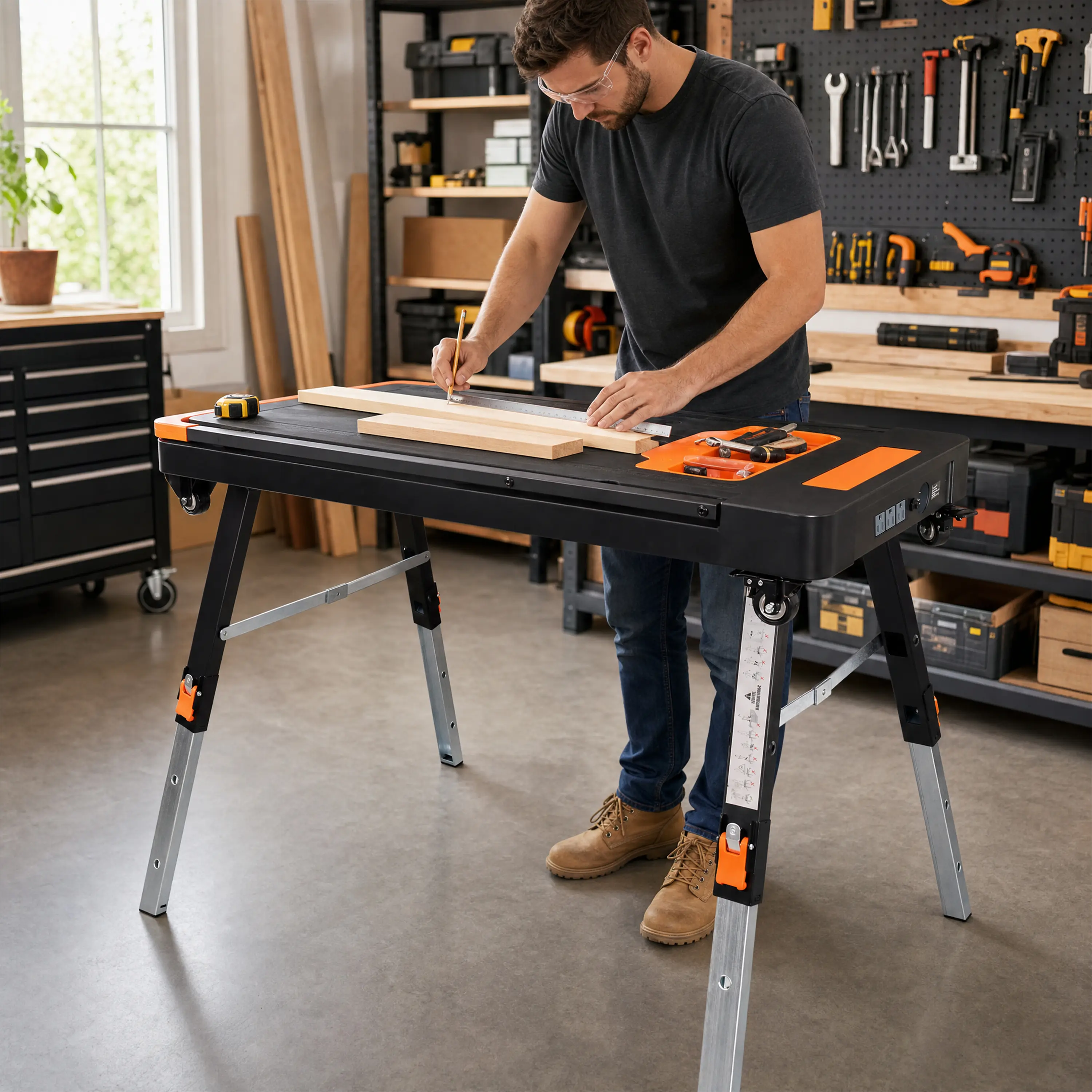 8-in-1 Multifunctional Folding Utility Work Table with US Standard Socket, Portable Heavy-Duty Workbench with Wheels for Garage, Home Use