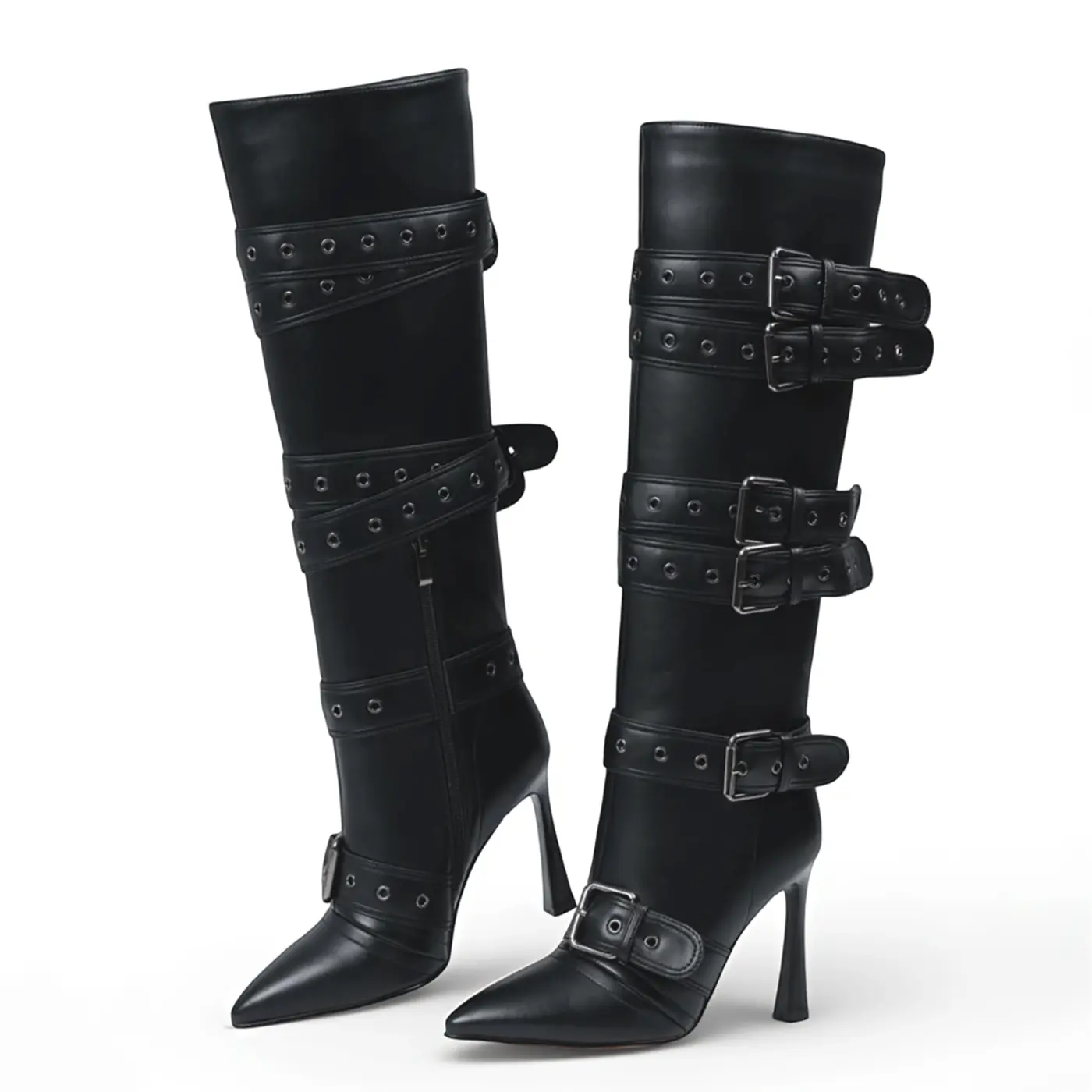 Pre Order Custom Made Black Punk Buckle Strap Knee High Stiletto Boots for Women, Fashion Pointed Toe Leather Tall Heel Boots with Multi Metal Buckle Decor, Side Zipper Design Gothic Rock Nightclub Outfit Footwear