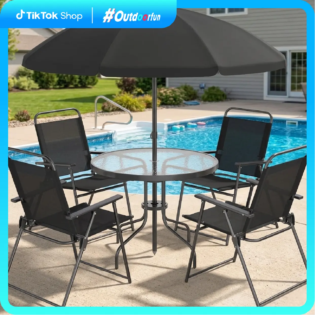 6 Piece Patio Dining Set for 4 with Umbrella, Outdoor Table and Chairs with 4 Folding Dining Chairs & Round Glass Table for Garden, Backyard and Poolside, Black and Coffee