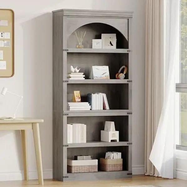 GAOMON Sturdy Oak Arched Top 5-Shelf Bookshelf - 68.7 in Tall Farmhouse Curved Waterproof Density Board Storage Rack, Numbered Parts, Assembly Required, for Home Office to Enhance Room Beauty