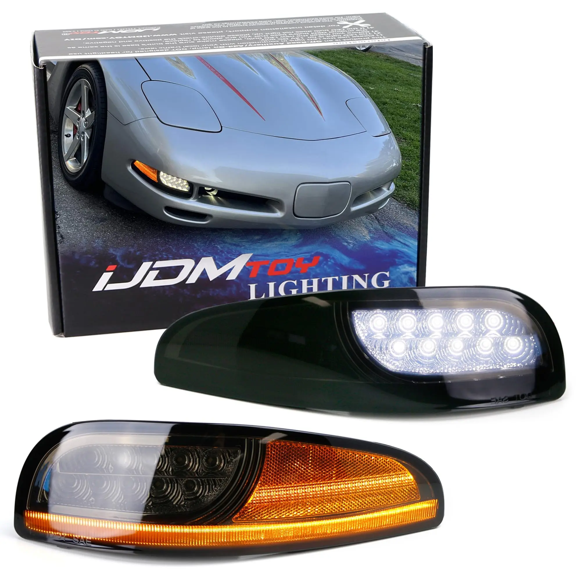 iJDMTOY Smoked Lens LED DRL/Laser Sequential Front Turn Signal Light Assembly For 1997-2004 Chevrolet Corvette C5, Xenon White LED Parking/Driving & Full Amber LED Blinker