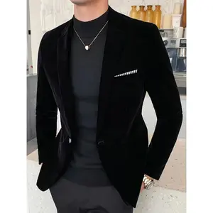 2025 New Men’s Polyester 100% Velvet Blazer, 1 Piece, Solid Color, Regular Fit, Non-Stretch Woven Fabric, Work-Style Lapel Collar, Spring/Fall Outerwear
