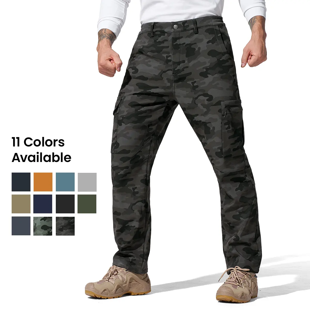 YSENTO Men's Fleece Lined Cargo Pants, Water Repellent Windproof Soft Shell Trousers, Quick Dry Elastic Outdoor Pants with 6 Pockets for Skiing Hiking Fishing Hunting, Camouflage & Solid Black
