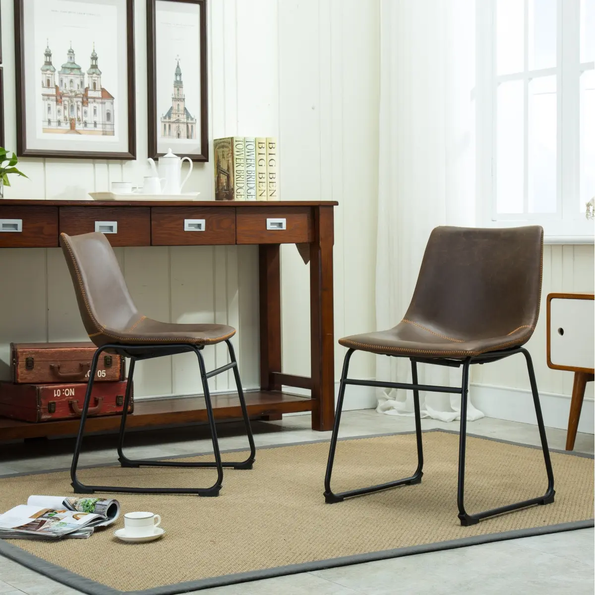 [Bellemave] Set of 2 Vintage PU Leather Dining Chairs, Kitchen Chairs with Black Metal Legs