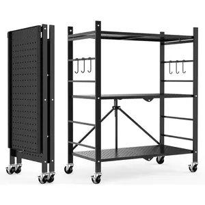 Storage Shelves with 6 Hooks, 3 Tier Foldable Shelf with Wheels, Metal Storage Shelving Unit Rolling Cart, Utility Shelf Rack Organization Shelves for Pantry, Kitchen, Black - No Assembly