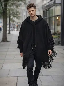 Men's Black Hooded Fringe Cape Loose Casual Punk Dark Streetwear Fashion Cloak, Menswear