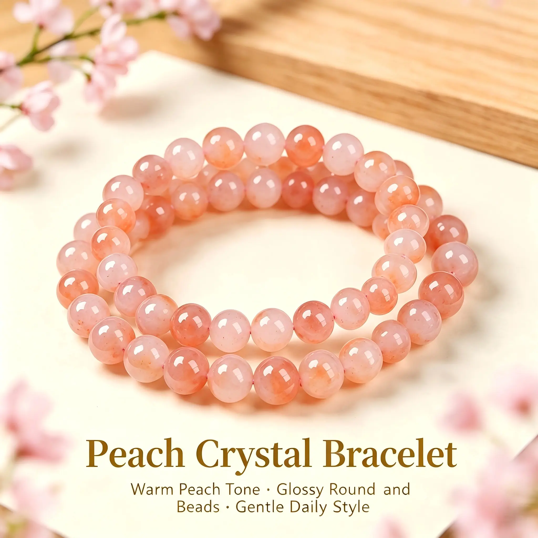 Soft Peach Tone Translucent Beaded Bracelet, Traditional Oriental Collectible Craft Ornament, Elastic Bead Hand String Daily Wear Decor Accessory