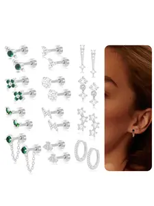 12 Pairs Flat Back Stud Earrings 20G18K Gold Plated Stainless Steel Earring Emerald Green CZ Lightning Bee Flower Chain Flatback Stud Hoop Cartilage Helix Earrings Stacks for Women Men Gold Silver Tone