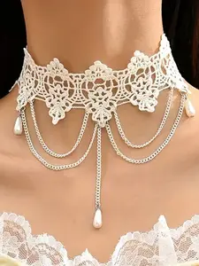 Multilayer Chain White Faux Pearl Lace Necklace For Women Girls Lace Stainless Steel Choker Necklace Gothic Witch Jewelry Accessories, Elegant Goth Collar Necklace for Women Halloween Cosplay, Exquisite Chain Jewelry
