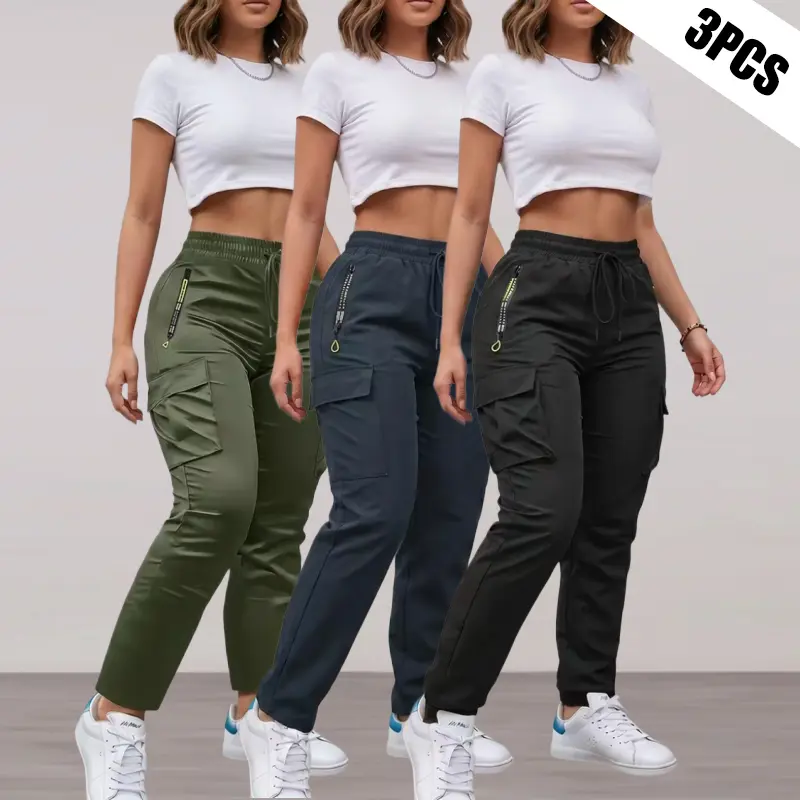 LIFE KEEPS MOVING 3-Pack Women’s Straight-Leg Athletic Fitness Pants – Casual Long Pants for Outdoor Wear, Lightweight and Breathable, Color-Block Design with Zipper Pockets and Patch Pockets, Versatile for Multiple Scenarios