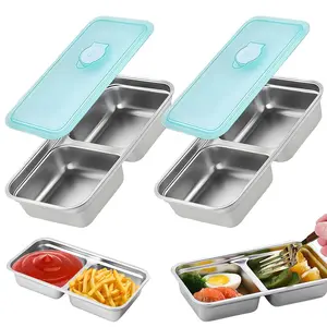 2-Pack Stainless Steel Double Compartment Snack Boxes with Leak-Proof Lids, Reusable and Portable, Ideal for Travel, Camping, or Work Meal Preparation
