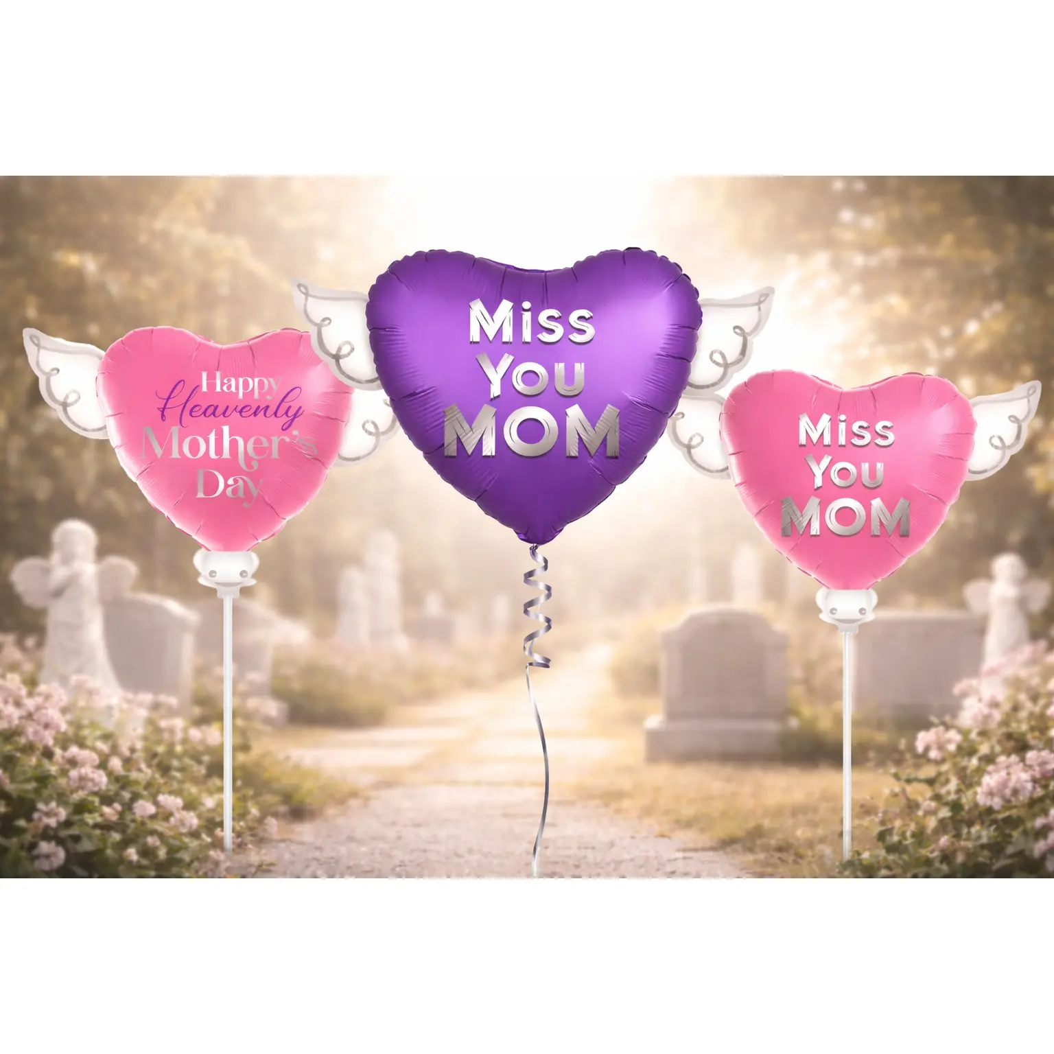 Happy Heavenly Mother's Day Memorial Balloon Bundle – Miss You Mom 6-Piece | 17" & 8" Stick