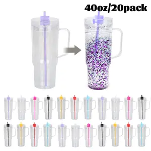 20pcs 40oz Clear Acrylic Double-Wall Snow Globe Tumbler Cups, BPA-Free Reusable Portable Water Bottles with Pre-Drilled Hole, Colored Lids & Straws, Drinkware for Glitter DIY Travel Coffee Mugs, Plastic