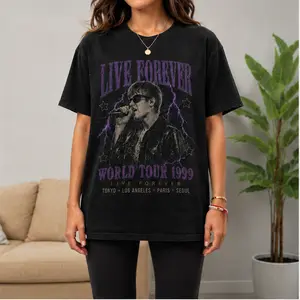 "Live Forever Tour Graphic", Vintage Concert Style Tee, Retro Music Aesthetic Shirt, Purple Lightning Grunge Tee, Gildan 5000 Heavy Cotton