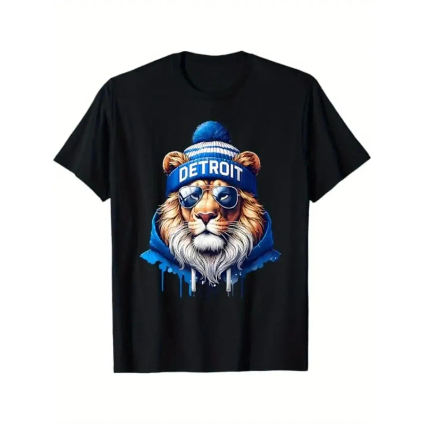 Graphic Concert T-Shirt - Detroit Lions Fan T-Shirt - Trendy Urban Street Style Graphic T-shirt, Cool Lion Wearing A Blue Beanie and Sunglasses Ink Art - Casual Round Neck Short Sleeves, Super Soft and Breathable Cotton Fabric - Perfect for Game Day, Stre