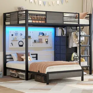 ADORNEVE Twin Over Twin Bunk Bed Frame – All-Metal Heavy Duty Child Sized Compact Bed with 8 Drawers, LED Lights, Storage Shelves, Safety Guardrail and Ladder, Twin Bed Frame, All-Metal Beds