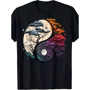 Yin Yang Tree of Life T-Shirt, Four Seasons Moon & Sun Graphic Tee, Zen Nature Balance Art Shirt, Spiritual Boho Casual Top, Colorful Forest Yin Yang Design for Nature Lovers