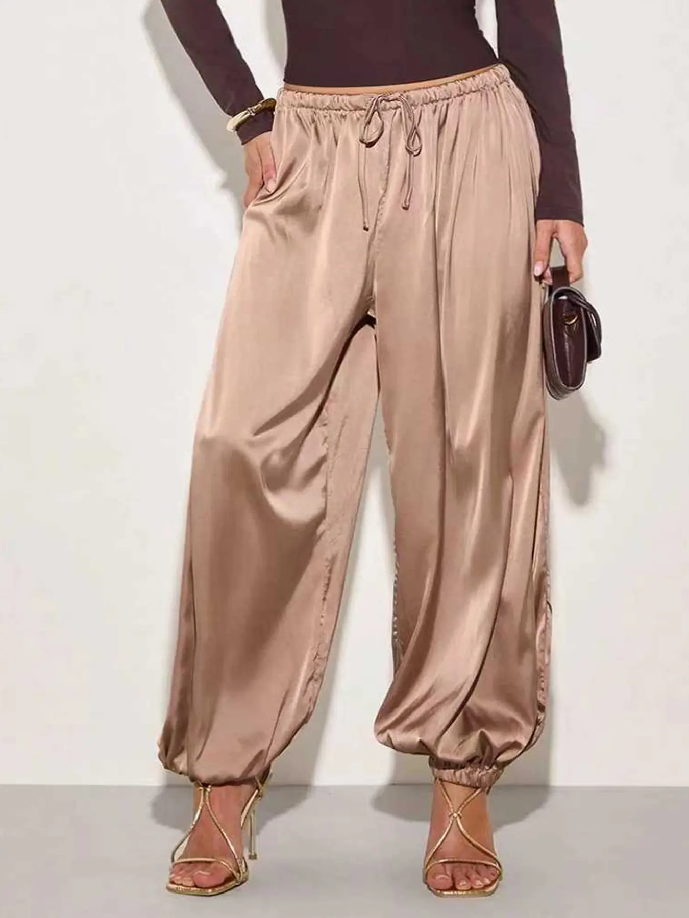 Women's Satin Smooth Belted Pleated Wide Leg Loose Harem Pants, Casual Chic Trousers, Drawstring Waist, Adjustable, Comfortable, Stylish and Elegance, Perfect for Casual Wear