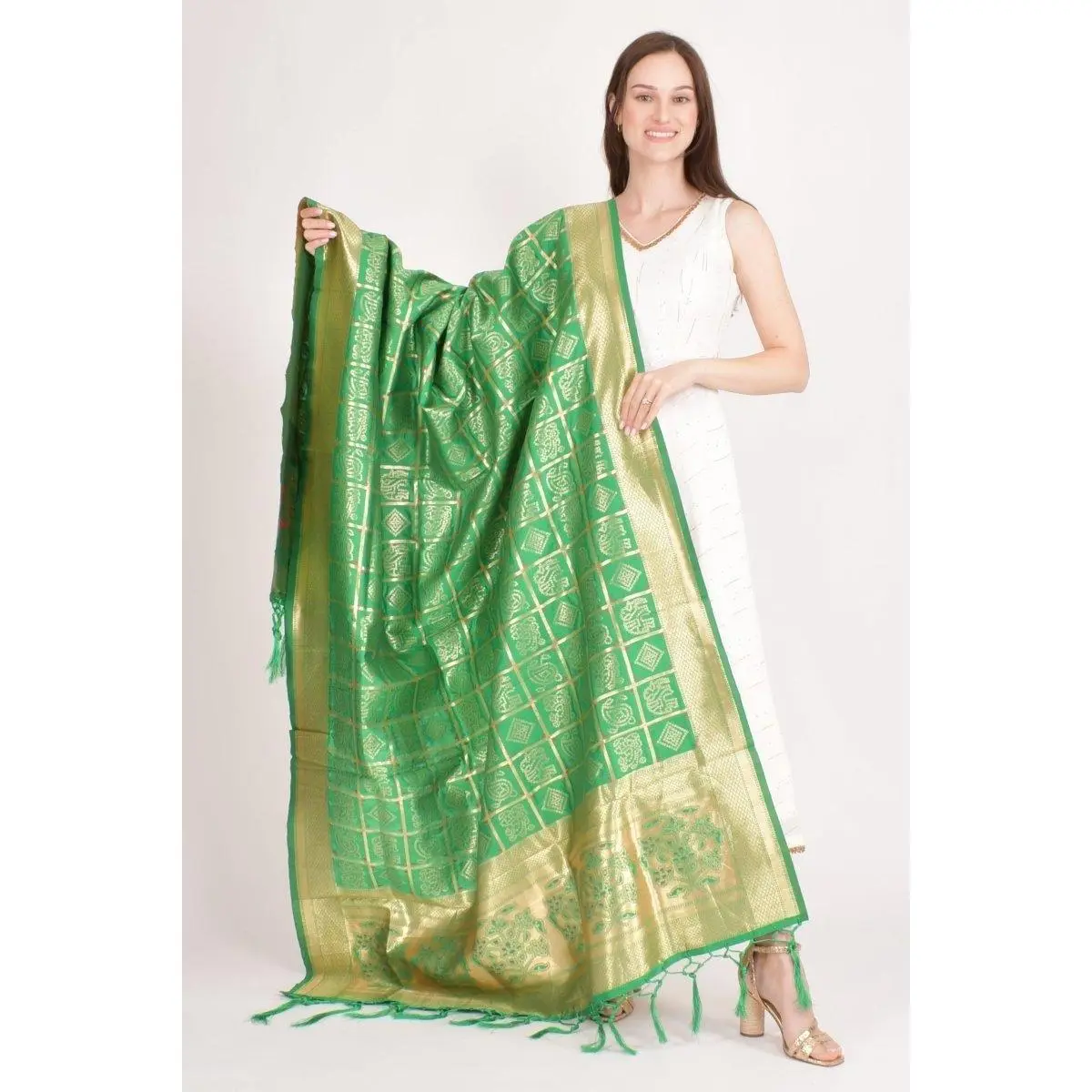 Green Organza Jacquard Dupatta With Hangings