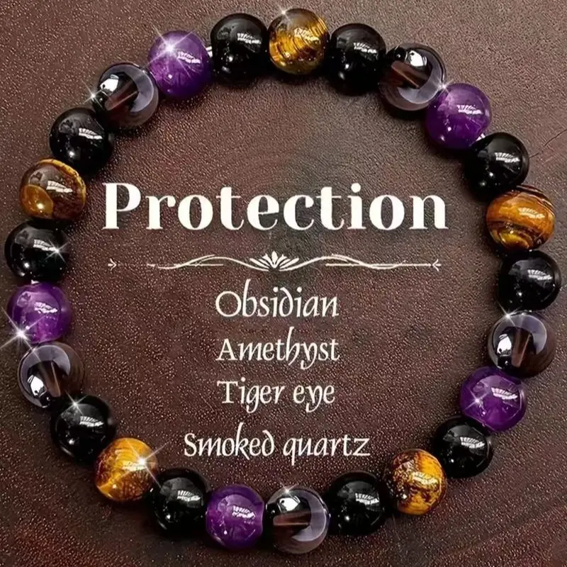 September Laurel 1pc Elegant Natural Stone Protection Bracelet for Women – Beaded Elastic Wristband with Amethyst, Obsidian, and Smoky Quartz in Black and Gold Tones, Perfect for Daily Wear and Gift Giving, High-Quality Beaded Bracelet