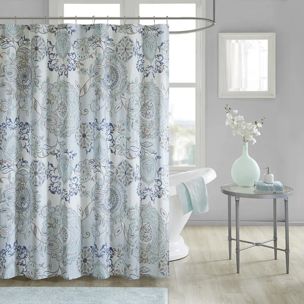 72"x72" Floral Printed Cotton Shower Curtain, Straight Hanging, Flower & Plants Design, Washable Bathroom Home Supply