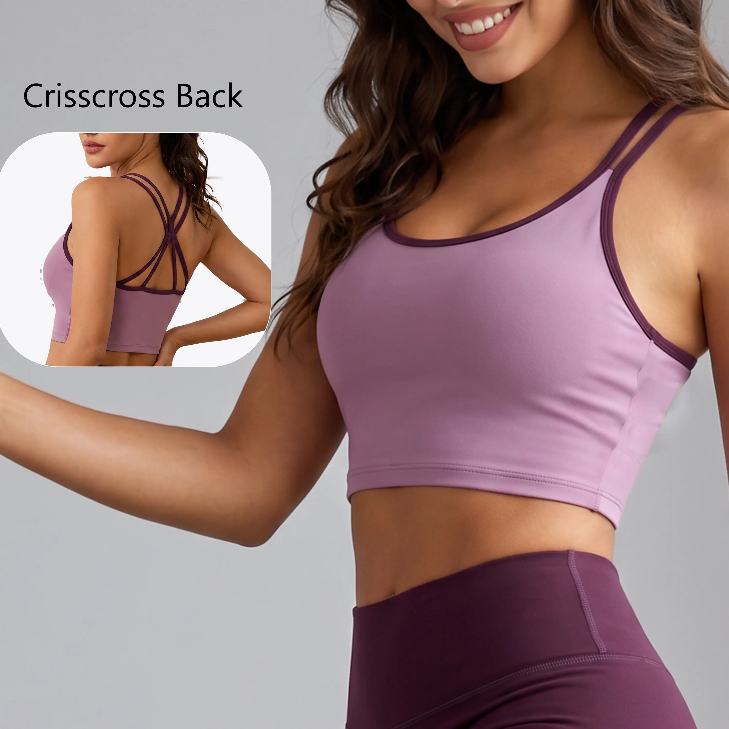 Women Strappy Back Yoga Top Contrast Trim U Neck Crop Workout Tank Double Thin Straps Crisscross Hollow Back Sleeveless Sports Cami for Yoga Pilates Gym Training