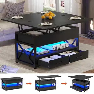 40 Inches Lift Top 4 in 1 LED Coffee Table with 2 Drawers Black