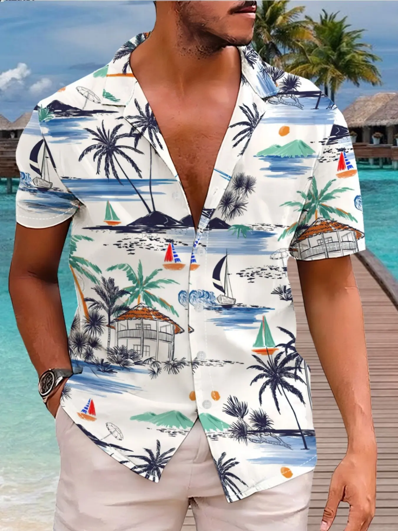 Men's Tropical Cartoon Print Casual Stylish Beach Shirt, Casual Printed, Cuban Collar Short Sleeve, Soft Skin-Friendly Material, Holiday Discount，Limited-time holiday discounts, fast shipping, Casual Summer Shirt