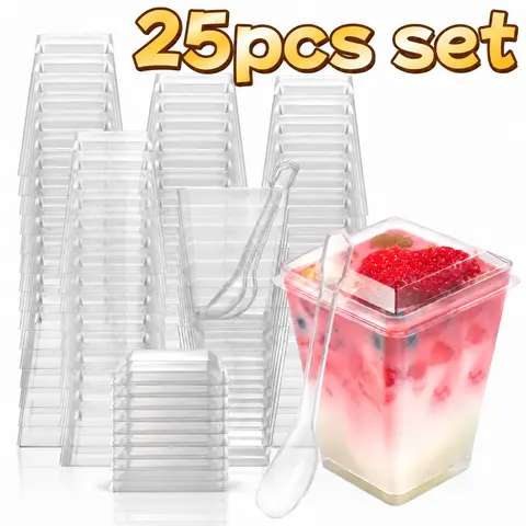 Disposable Tableware Set - 5 oz Sturdy Plastic Mini Parfait Cups (25/50/100 Packs, 50 Pcs Option), Leak-Proof Lids & Spoons for Mousse, Cheesecake, Baby Shower, Christmas, Business Events