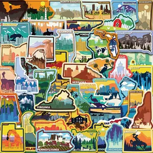 United States Map Sticker, 50pcs/set Cartoon Colorful State Geography Sticker, Decorative Sticker for Cellphone Case, Water Bottle, Laptop, Scrapbook, Ornaments