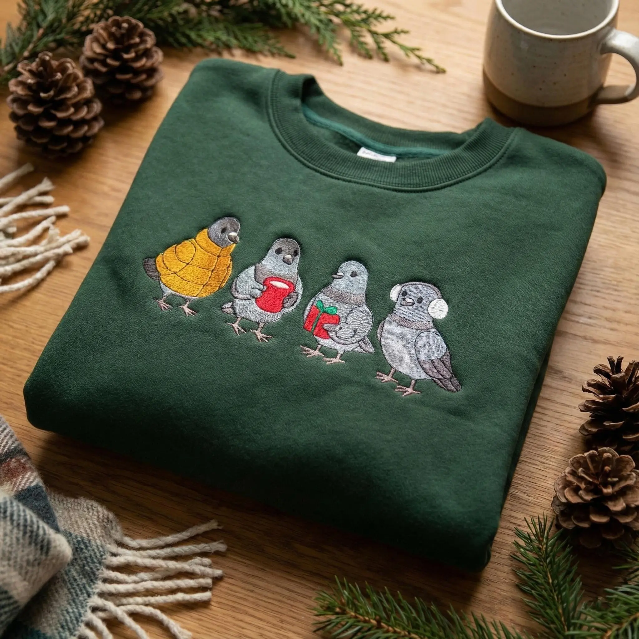 Embroidered Christmas Pigeons Sweatshirt, Funny Winter Bird Sweater, Cute Pidgeon Crewneck, Holiday Bird Lover Gift
