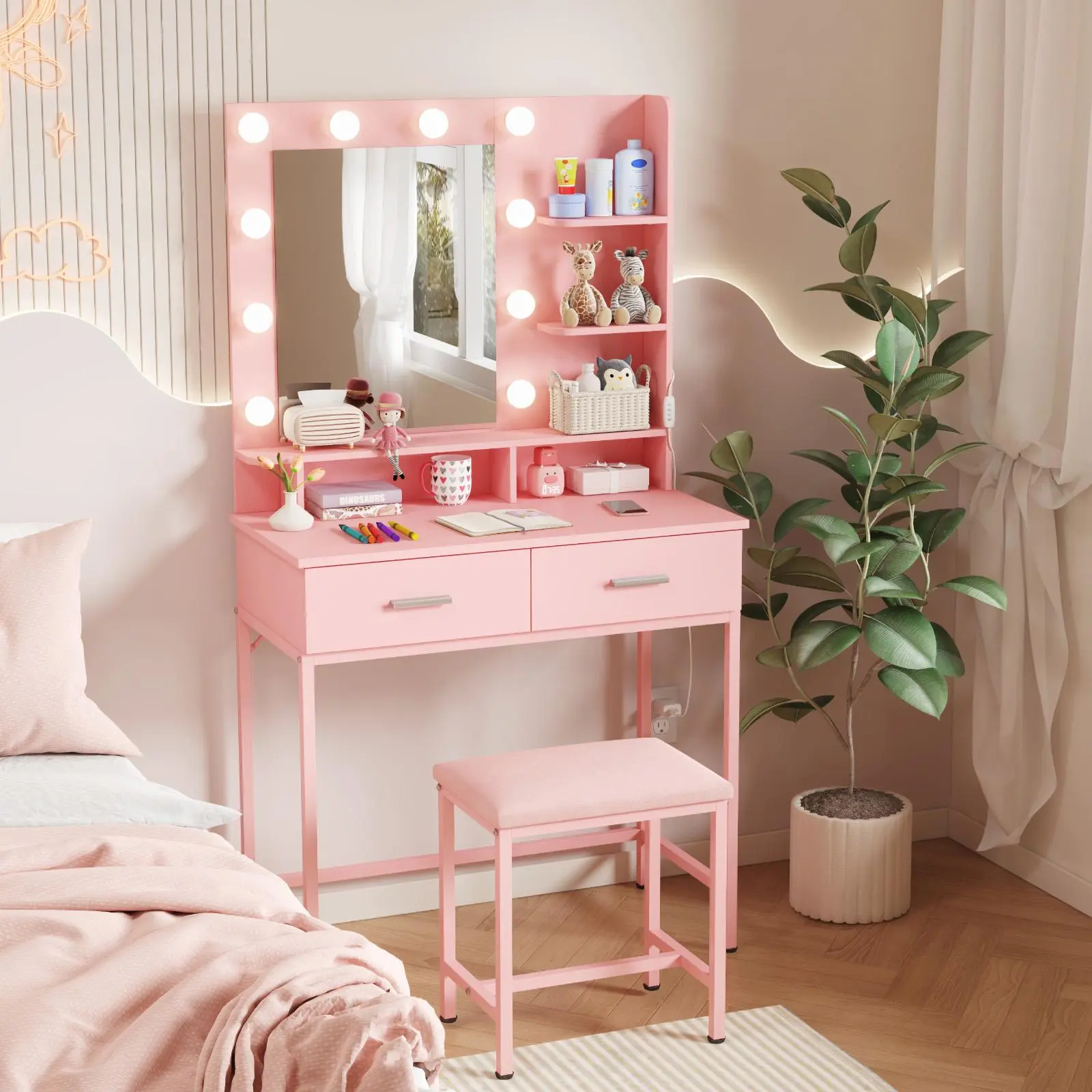Lifewit Makeup Vanity Desk Furniture Set with LED Lights, Adjustable Mirror, 2 Drawers, Chair, 3 Brightness Levels, Wooden Top, Metal Frame - Makeup Organization Solution, Ideal Gift for Girls, Wife