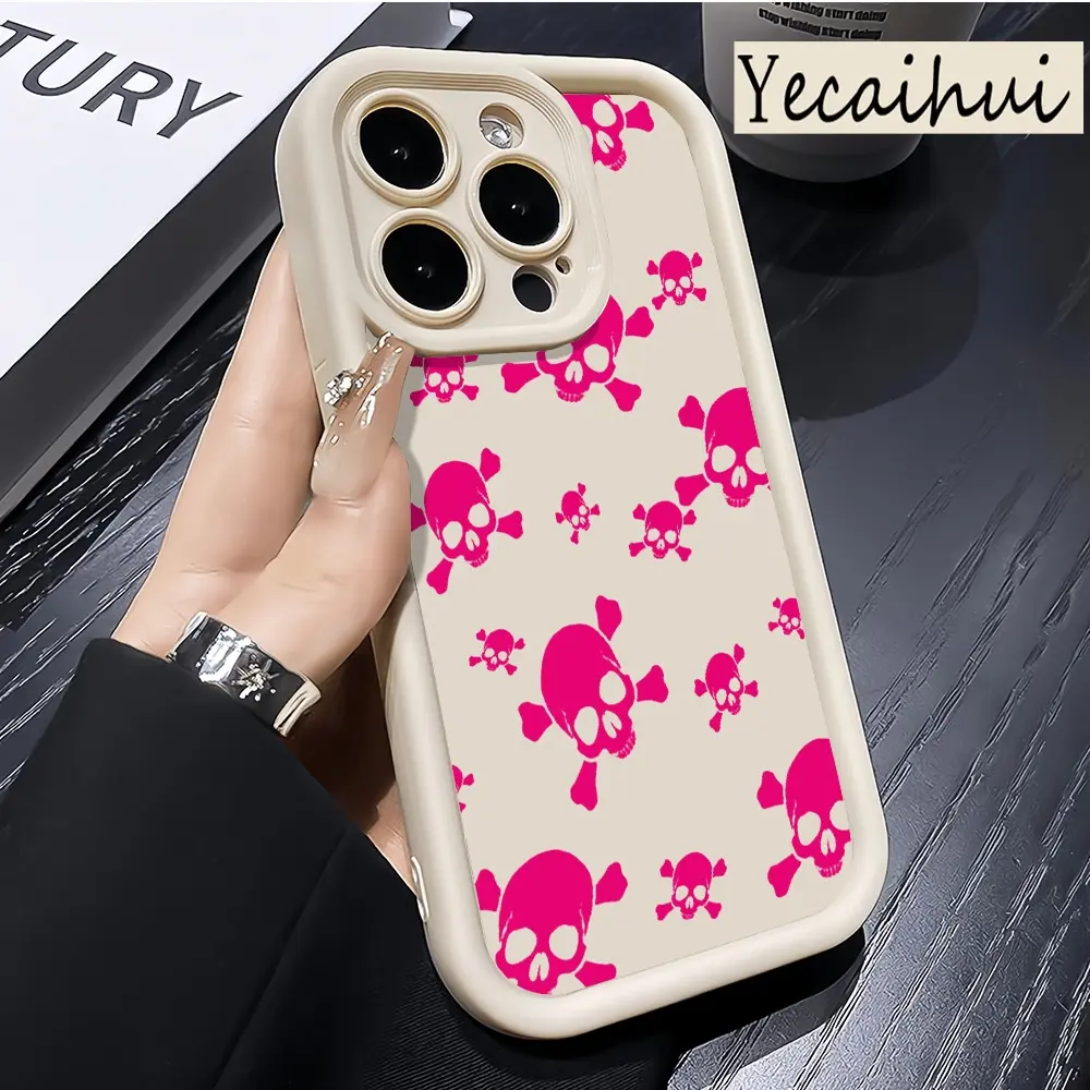 Pink Skull Pattern TPU Soft Case, Waterproof Shockproof Mobile Phone Accessory for iPhone 17 Air, 16 Pro Max Plus, 15, 14, 13, 12, 11 Pro Max Plus (All-Round Drop Protection), Accessories