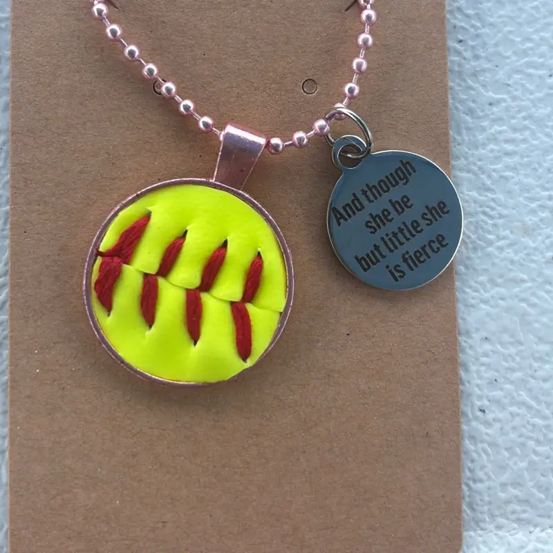 Fierce Girl Authentic Softball Necklace with Inspirational Quote Charm and Neon Yellow Softball Pendant