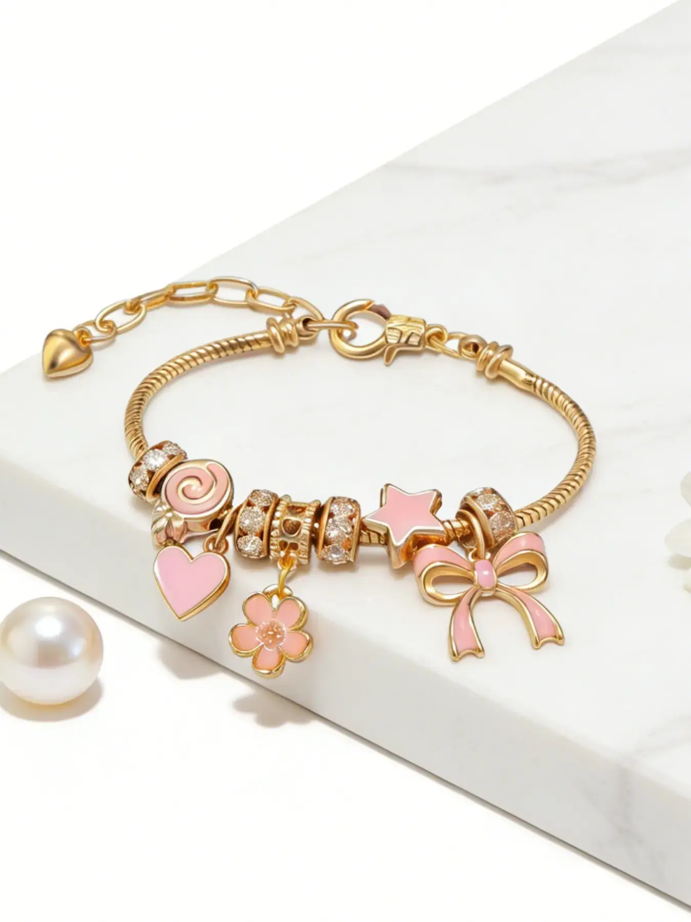 Elegant Alloy Charm Bracelet for Women with Cute Heart, Flower & Bow Pendant Ornaments, Adjustable Rhinestone Jewelry for Daily Wear, Accessories For Women, Gifts For Women
