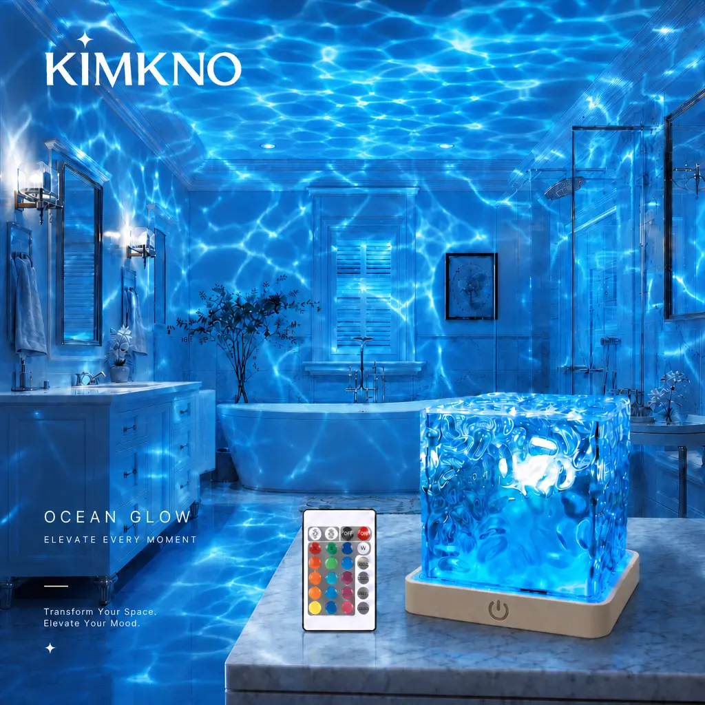 Rechargeable Shower Light No Wiring, 16 Color Changeable Ocean Wave Projector Light, Dimmable Waterproof Shower Lamp with Remote, Rotating Flame Water Ripple Lamp for Shower, Bathroom, Bedroom Decor