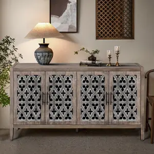 Blovely Well Hollow Four Door Antique Cabinet, American Country Style, Suitable for Living Room, TV Cabinet, Kitchen (Brown)