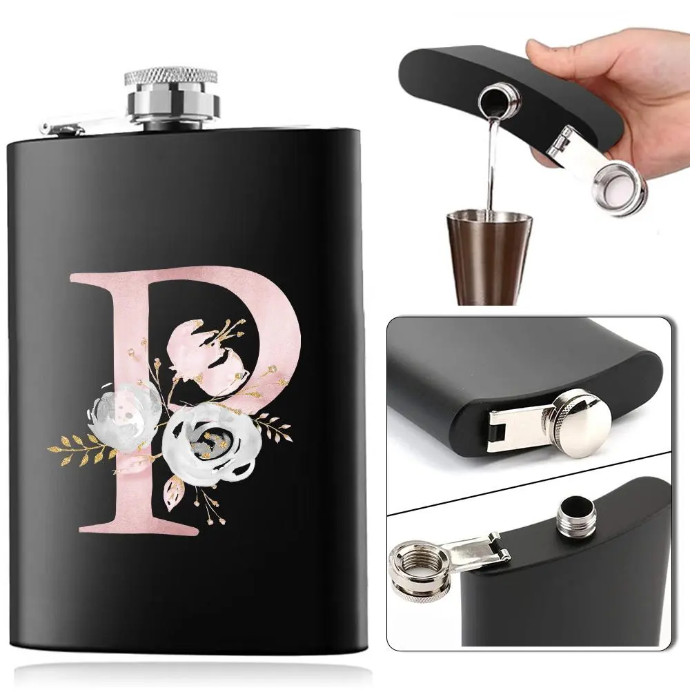 Flower & Initial Name Pattern Hip Flask, Drinkware, 1 Count 8oz Stainless Steel Wine Bottle with Lid, Leakproof Portable Whiskey Vodka Alcohol Container for Home Camping Travel