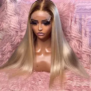 Brown Root Ash Blonde Colored 13X4 Lace Frontal Human Hair Wigs Bone Straight Hairstyle Transparent Lace 200% Density Ombre Ash Blonde Human Hair Wig For Women Pre-Plucked 28 30 32 Inches, Soft