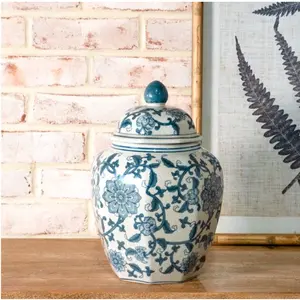 10" H. BLUE FLORAL GINGER JAR W/LID