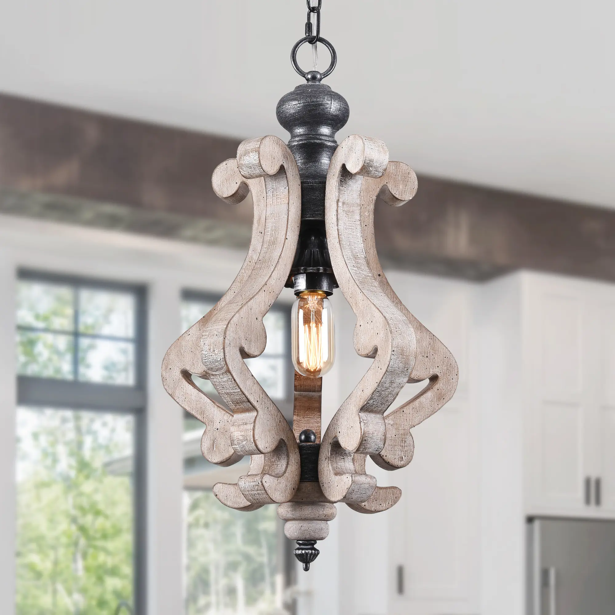 12.6" 1 Lights Small Size Classic Style Distressed Wooden Chandelier with Candelabra Bulb Base and 70" Adjustable Chain for Home Decoration