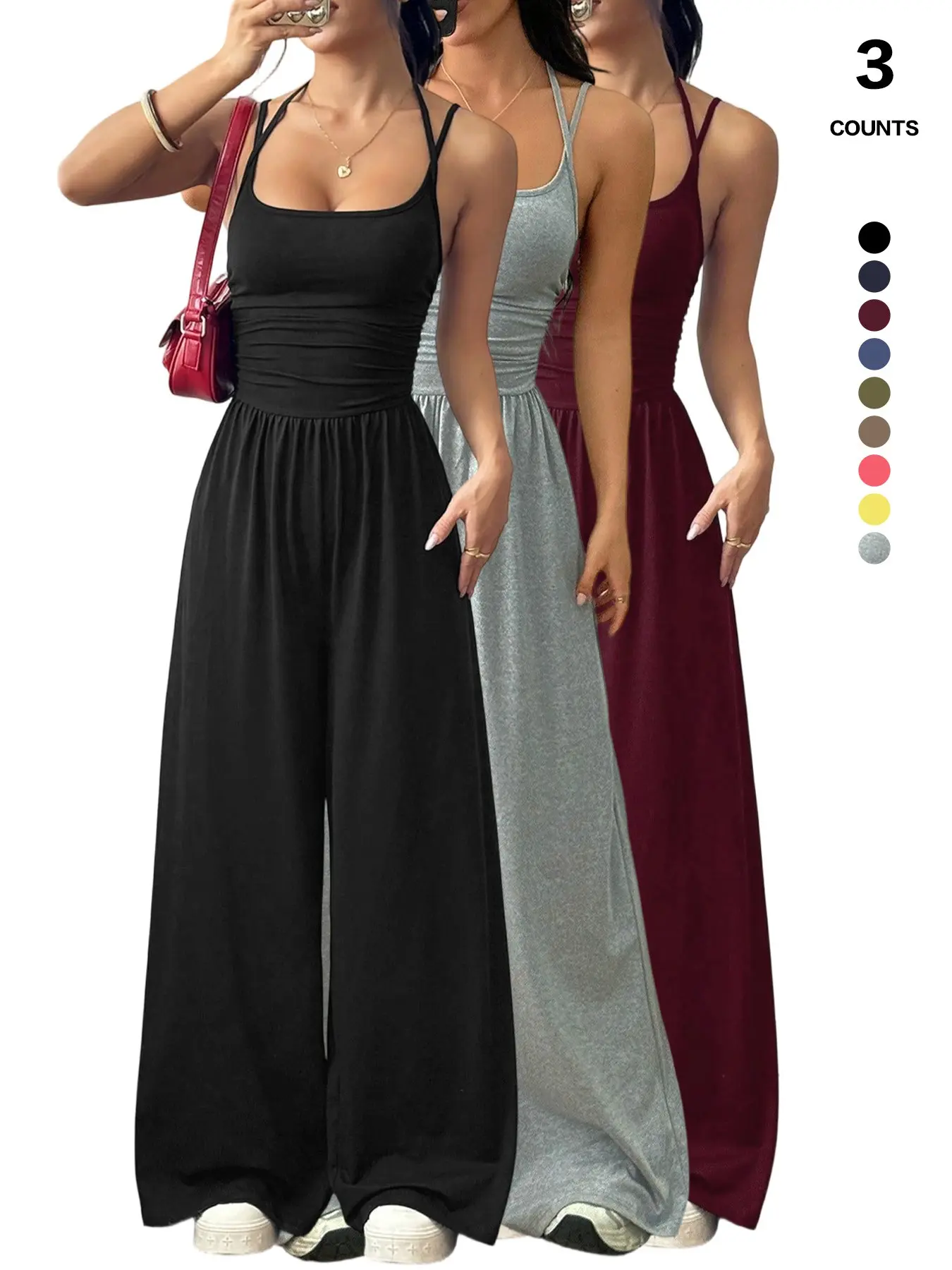 Women's One-Piece All-Season Lightweight Basic Everyday Minimalist Jumpsuit, Spaghetti Strap Wide-Leg Baggy Pants, Loungewear, Sweatsuit Outfit