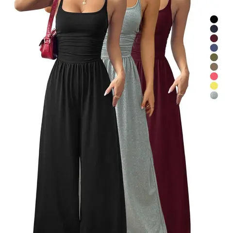 One Piece Women's All-season Lightweight Basic Minimalist Everyday Jumpsuit Spaghetti Strap Sleeveless Outfit Wide Leg Baggy Pants Romper,Lougewear,Sweatsuit,Casual Comfy Jumpsuit