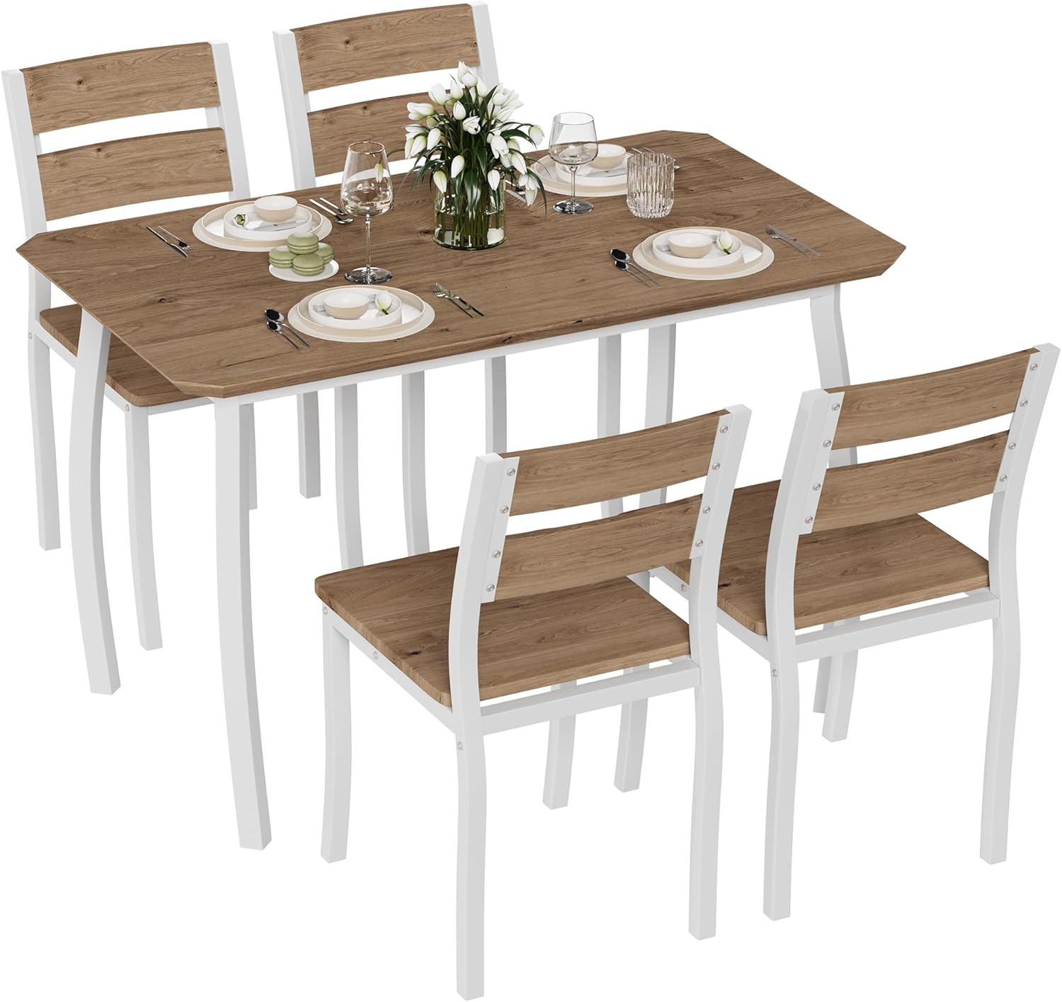 Dining Table Set for 4 Modern Kitchen Table and Chairs Set with Chamfered Edges Cushioned Seats Space-Saving Metal Frame for Dining Room Apartment Small Spaces, White & Wood Grain Color